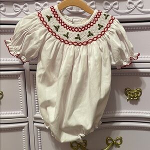 White and Red Smocked Baby Romper